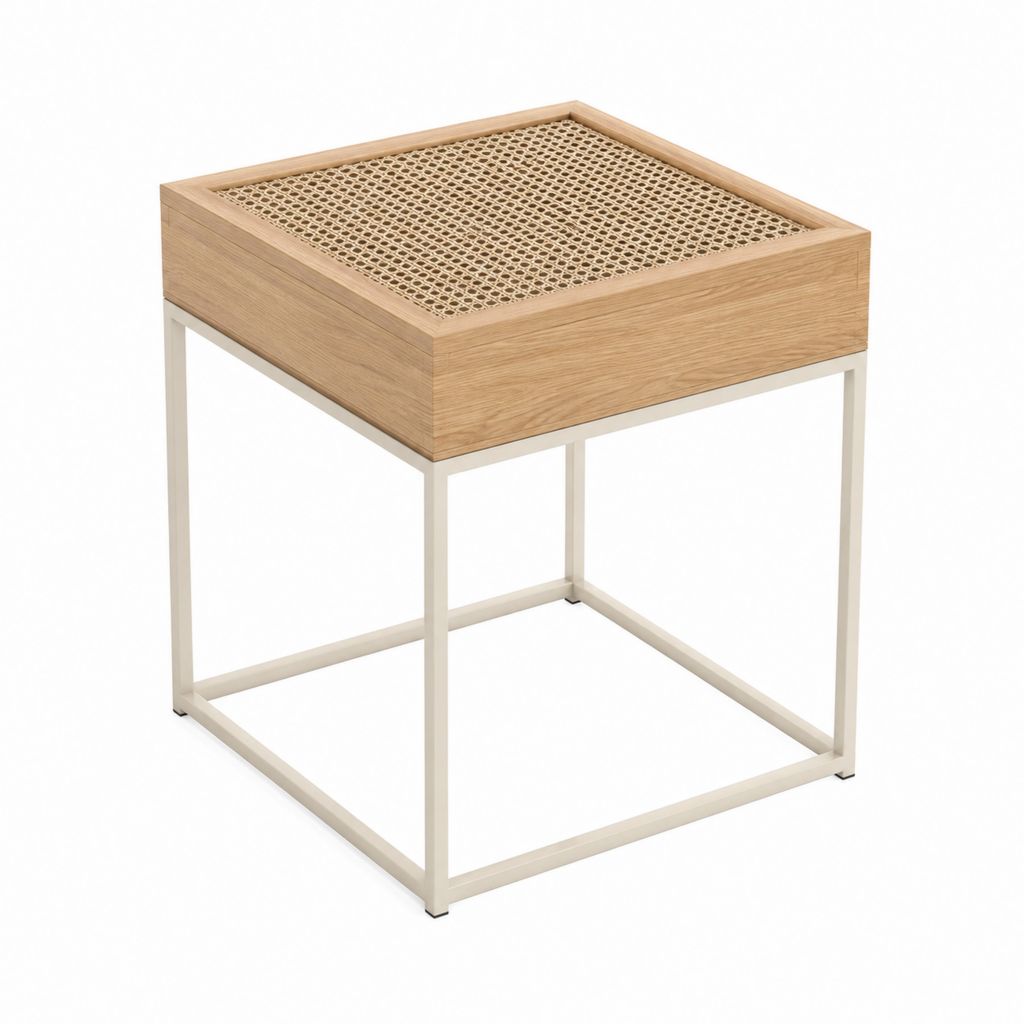 Beistelltisch Couchtisch Naturweiß mit Eichenfurnier Rattan und Stahlgestell quadratisch 45 x 45 x 55 cm