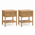 Nachttisch 2er Set Eichefarben Massivholz Rattan Rechteckig mit Schublade und Ablage 45 x 35 x 60 cm