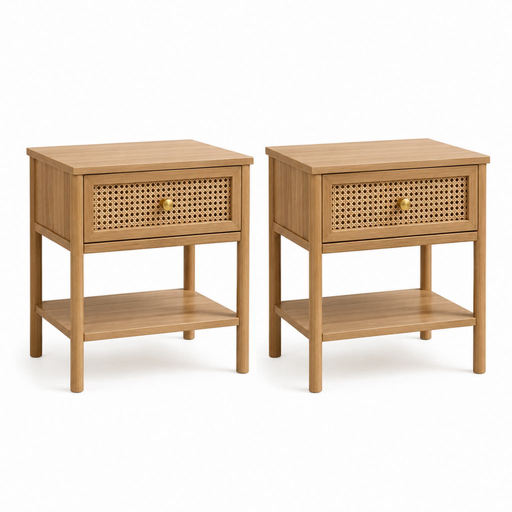 Nachttisch 2er Set Eichefarben Massivholz Rattan Rechteckig mit Schublade und Ablage 45 x 35 x 60 cm